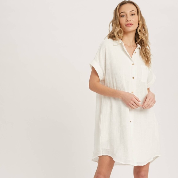 Button Up Shirt Dress With Pocket - Ivory - Picture 8 of 9